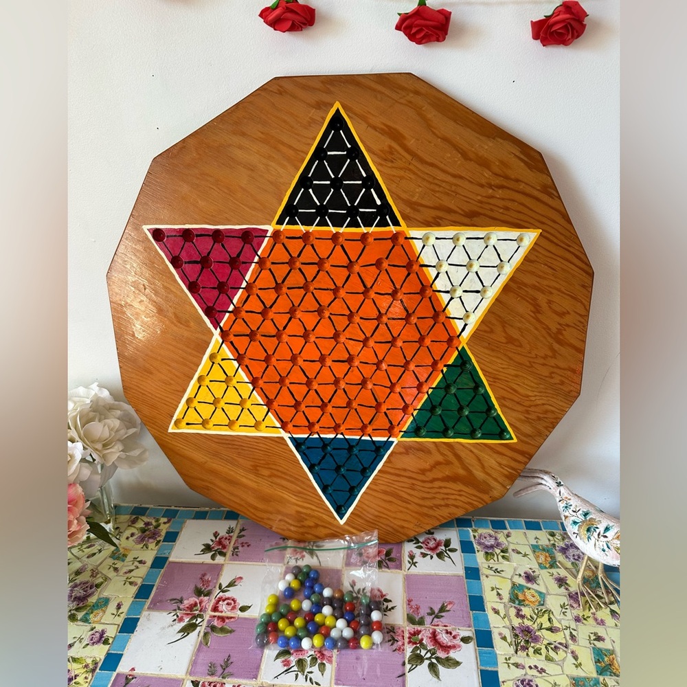 Large Wooden Handmade Hand-painted Chinese Checkers Boardgame 2 In 1 Marbles